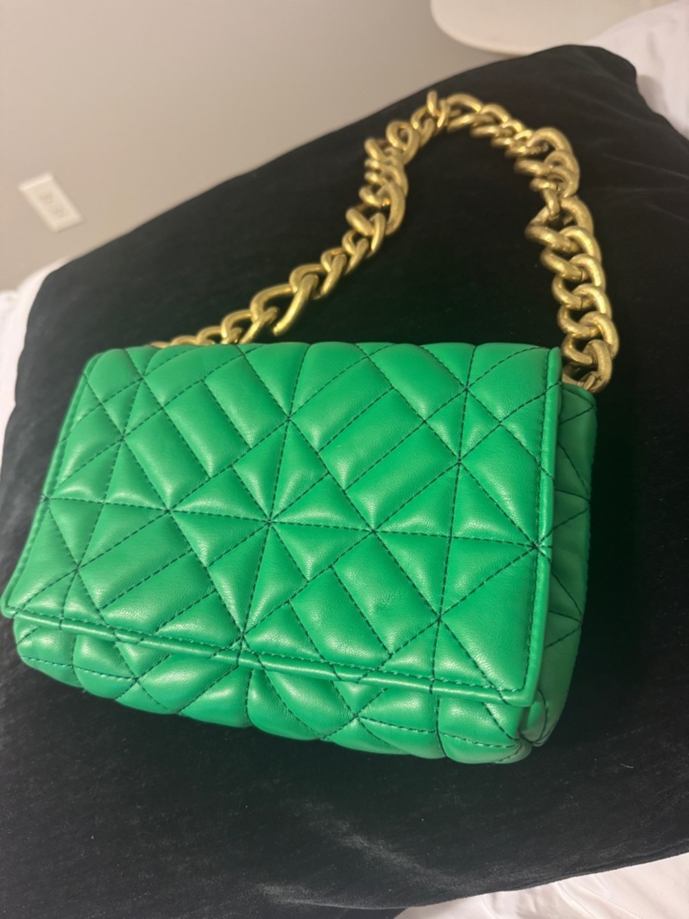 Zara Green Quilted Chain-Handle Shoulder Bag